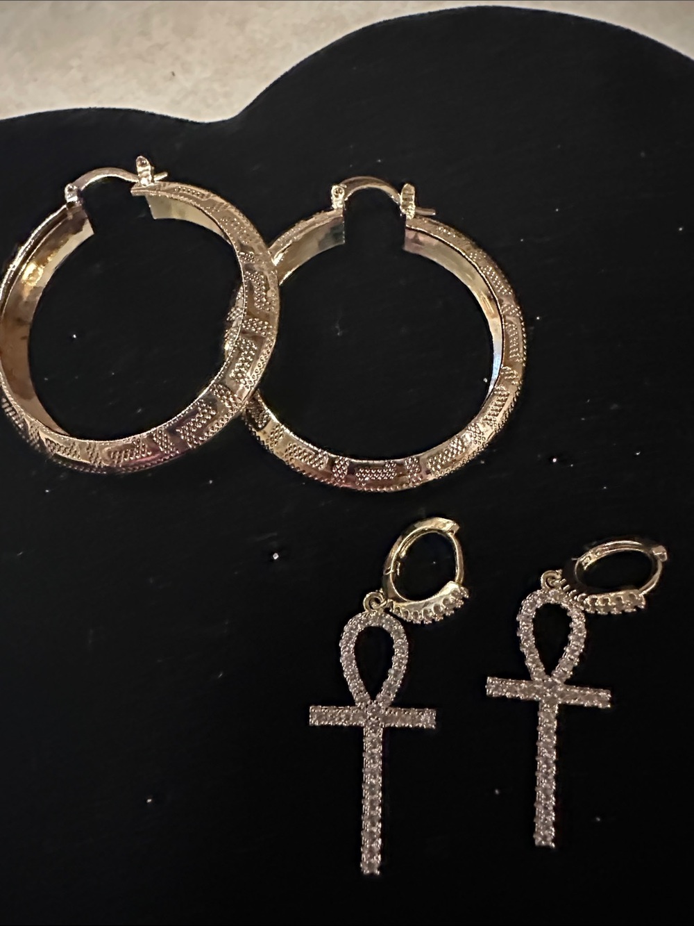 Greek Key Gold-Tone Hoop Earrings and Free  pair of Ankh Dangle Earrings Set